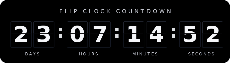 Flip Clock Countdown — animated flip clock countdown showing 23 days, 07 hours, 14 minutes, and 52 seconds.